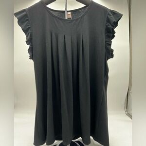 Afifei Black Pleated Ruffle Cap Sleeve Top Women Large NWT Solid Jersey Knit